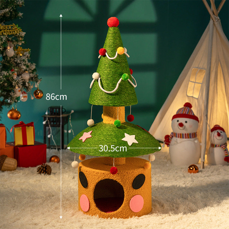 Christmas Cat Tree with Cat Bed - Compact Winter Flannel Cat Climber, Sisal Scratching Post & Space-Saving Cat Furniture