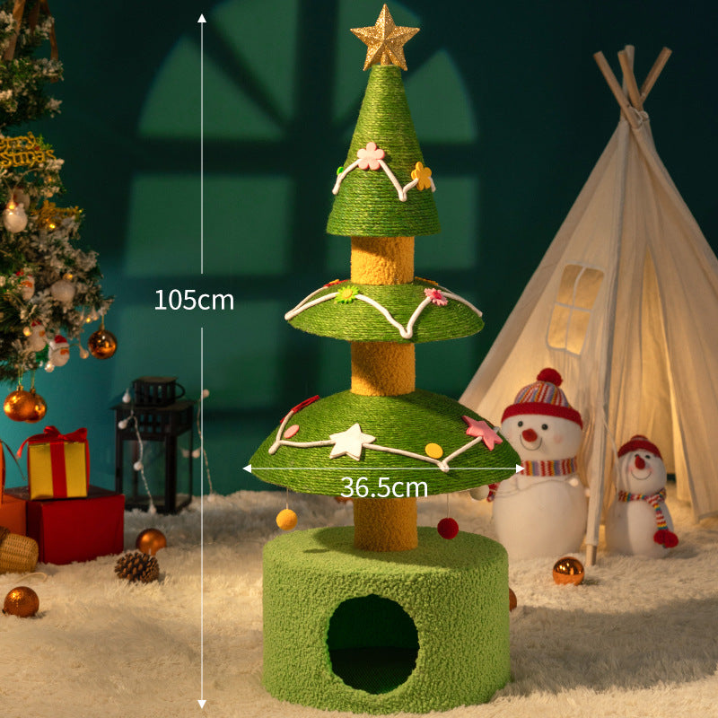 Christmas Cat Tree with Cat Bed - Compact Winter Flannel Cat Climber, Sisal Scratching Post & Space-Saving Cat Furniture