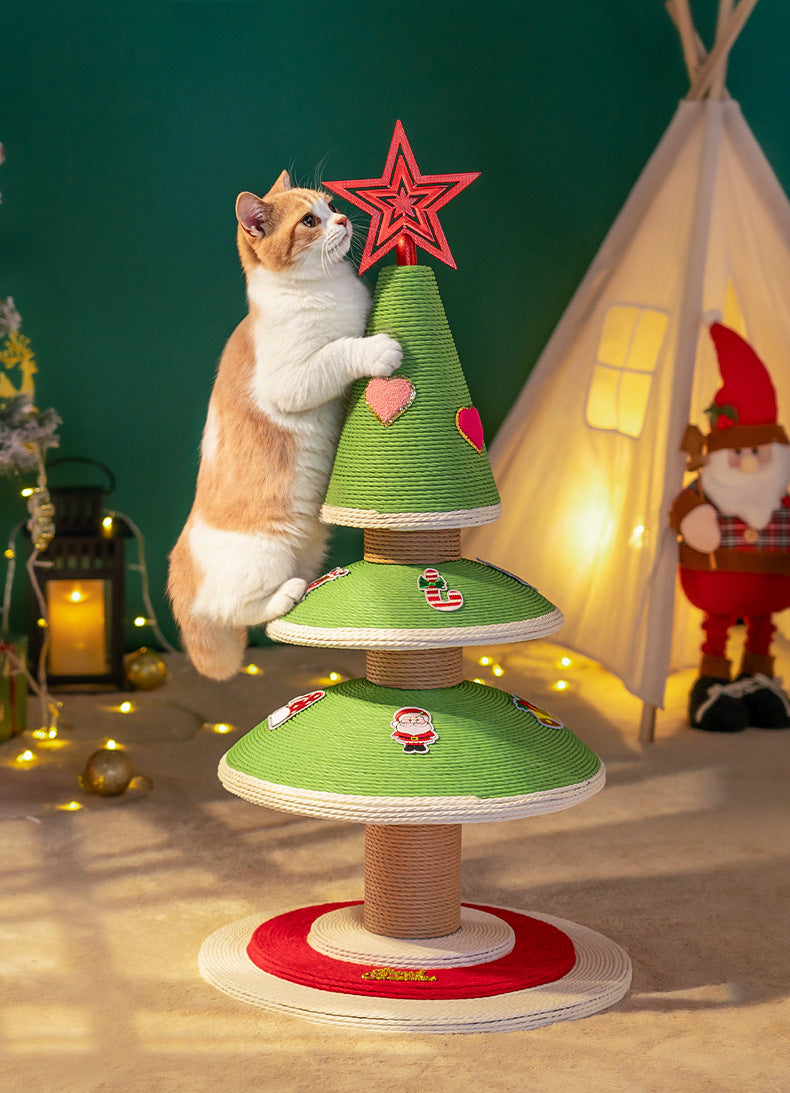 Christmas Cat Tree with Cat Bed - Compact Winter Flannel Cat Climber, Sisal Scratching Post & Space-Saving Cat Furniture