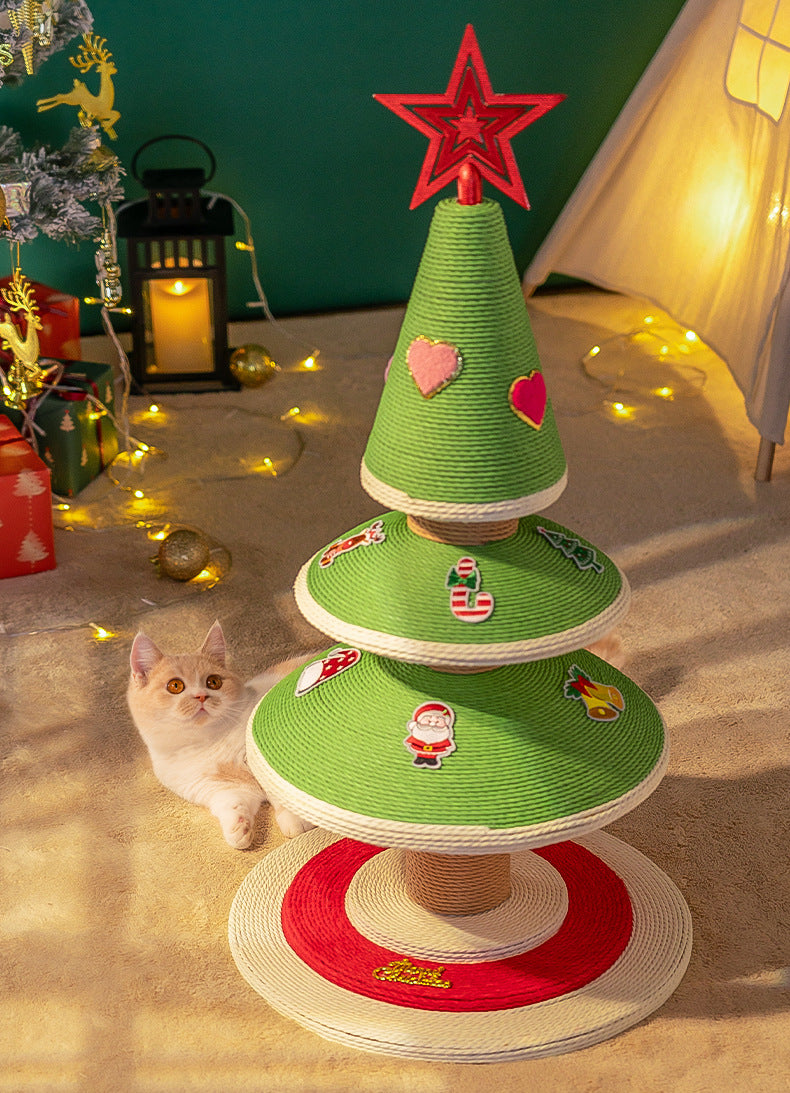 Christmas Cat Tree with Cat Bed - Compact Winter Flannel Cat Climber, Sisal Scratching Post & Space-Saving Cat Furniture