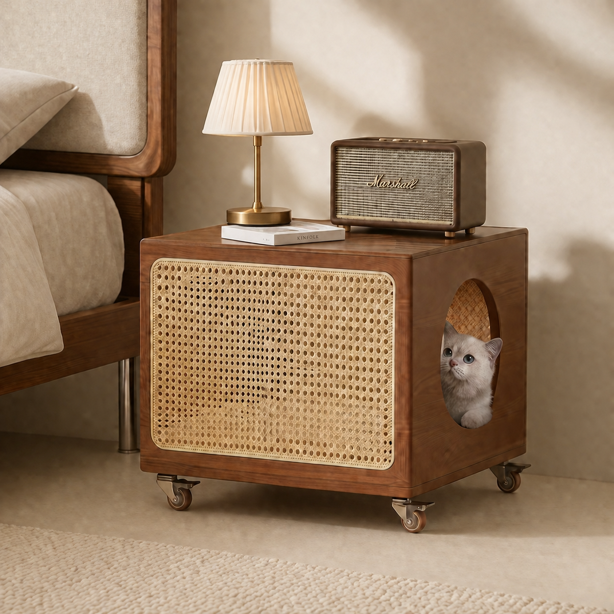 Dual-Level Side Table with Rattan Cat Bed & Amber Glass