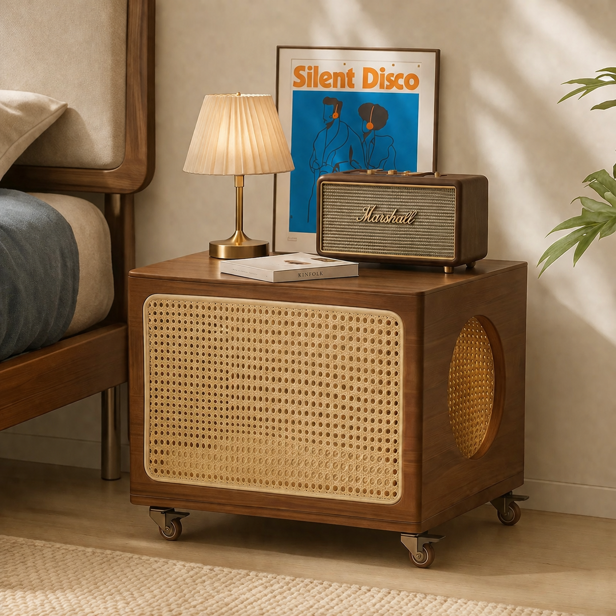 Dual-Level Side Table with Rattan Cat Bed & Amber Glass